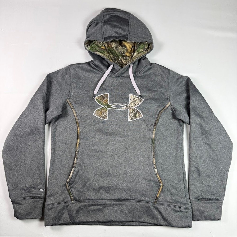 Under Armour Storm1 Hoodie Gray Camo Logo Fleece Womens Medium Loose Fit